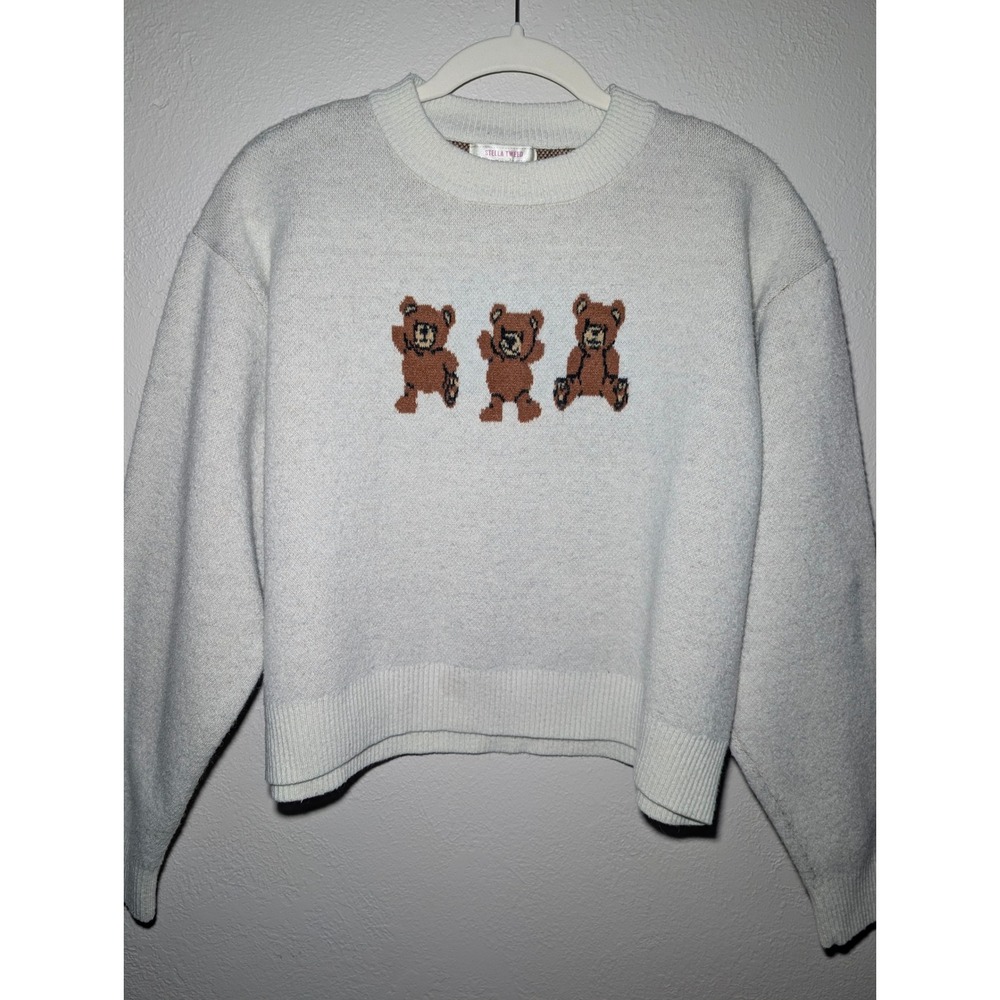 Stella Tweed Teddy Bear Sweater Womens XL Cream Graphic Knit Pullover